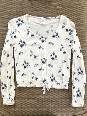 No Boundaries Juniors XS Blue Floral Blouse Button Front Crinkle Cinched Waist